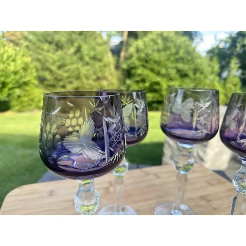 Vintage Bohemian Amethyst Cut to Clear Crystal Wine Glass 8-1/2”~set Of 4